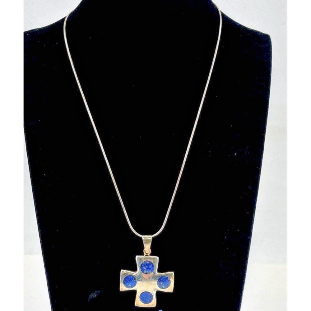 Artisan Vintage Large Silver Cross with‎ Lapis Lazuli.